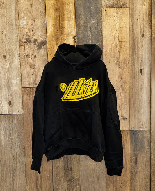 1 OF 1 FRAYED APPLIQUE HOODIE | BLACK & YELLOW